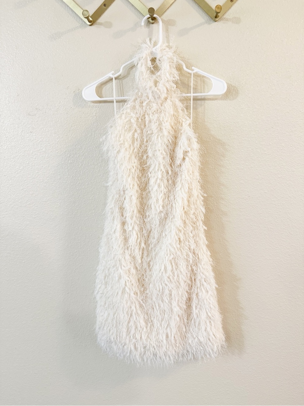 Zara Halter Feather Textured Shag Fringe White Ivory Mini Dress Size Medium - Picture 10 of 14